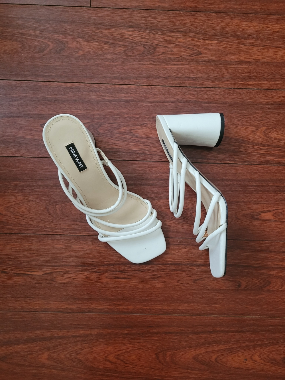 Nine West White Strappy Block Heel Mules